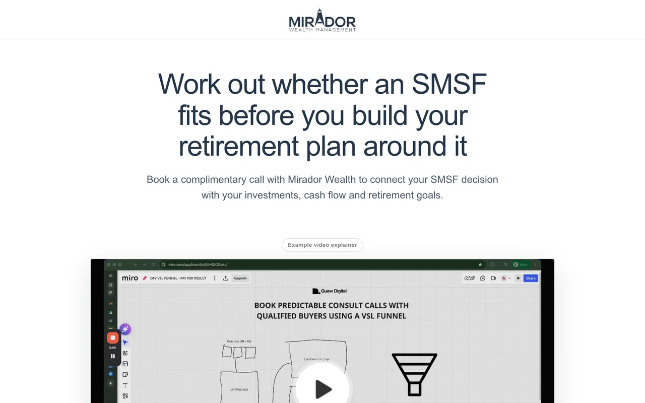 Landing page preview for Mirador Wealth Management